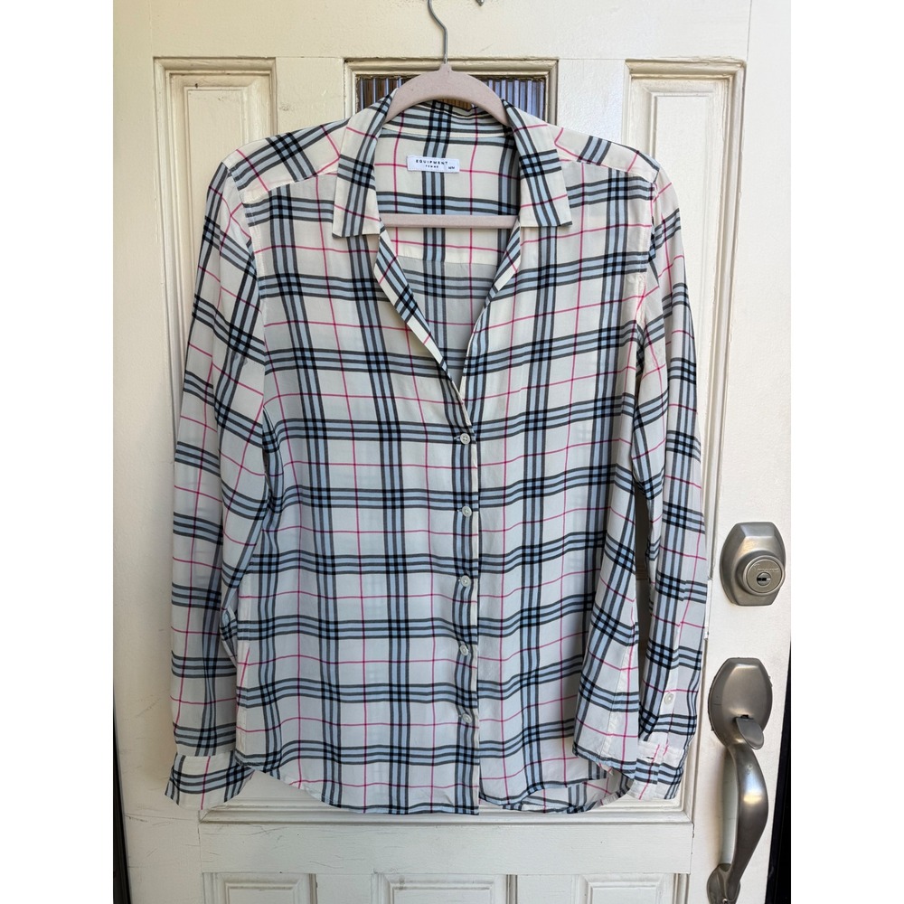 Equipment Femme 100% Silk Plaid Button Down Shirt Ivory Blue Pink Size Medium